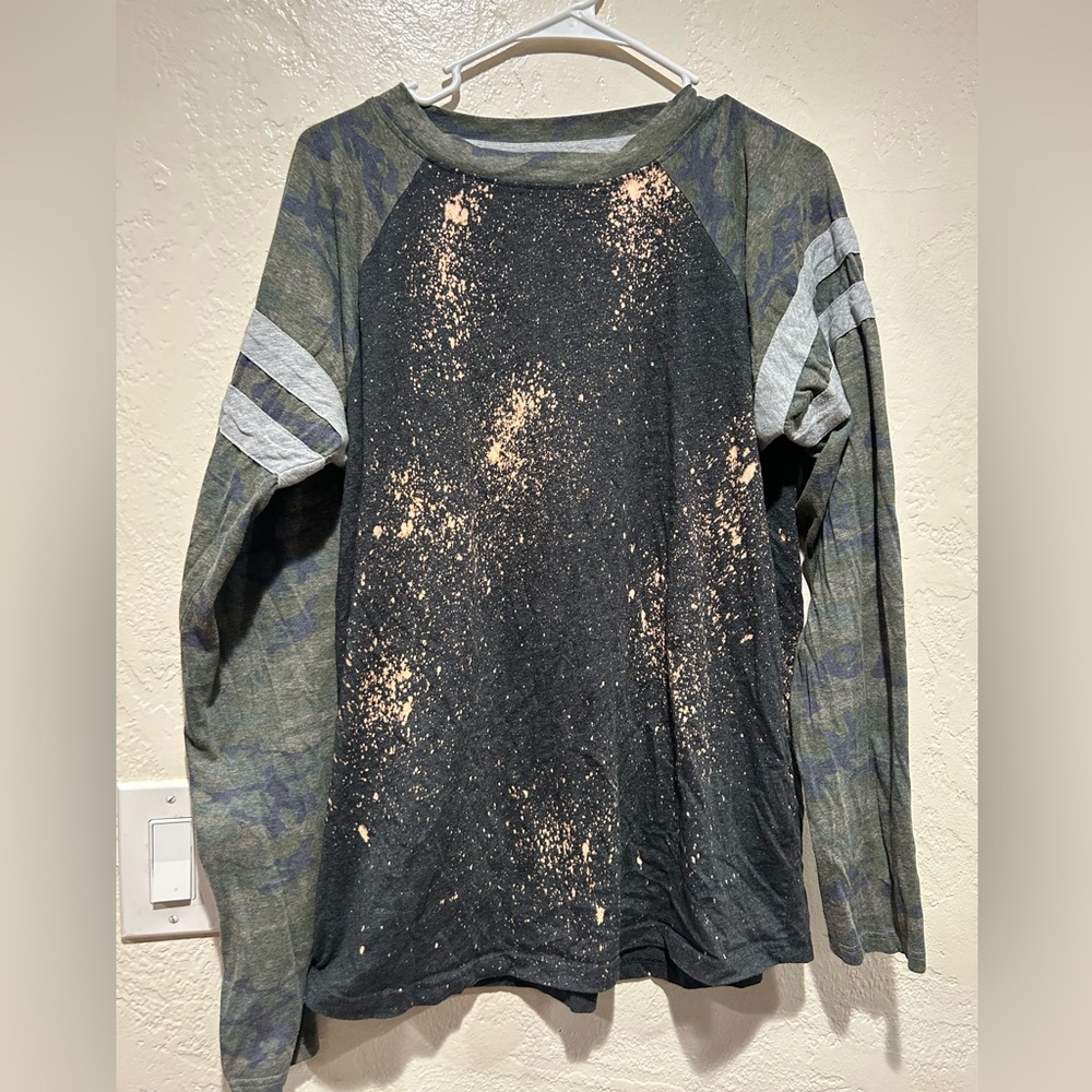 Southern Bliss large camo/bleach splattered and striped long sleeve shirt